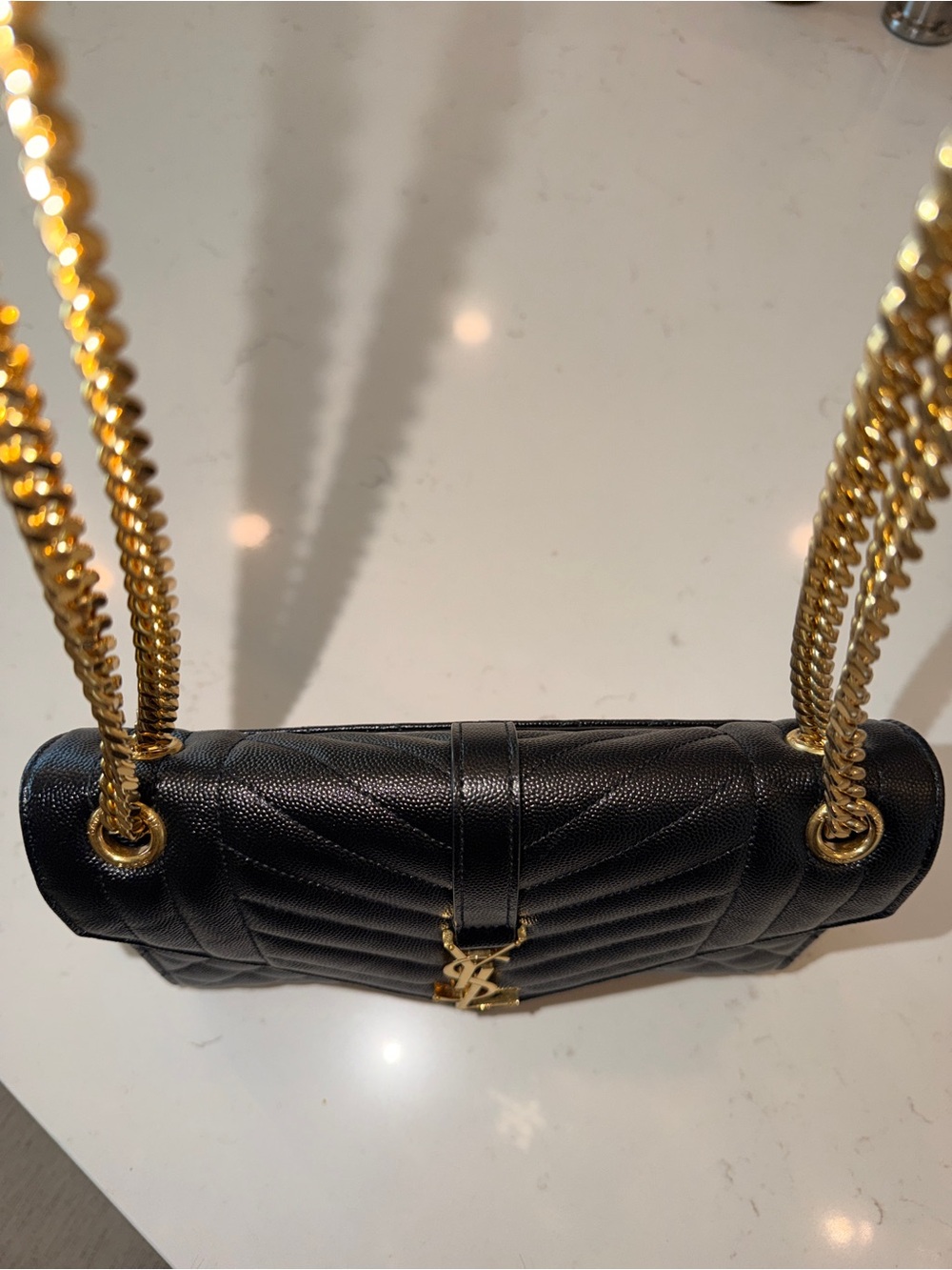 AUTHENTIC YSL Envelope Triquilt Medium Shoulder Bag in Black Grained Leather. - Picture 7 of 16